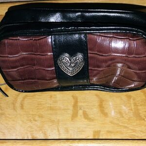 Brighton Vintage Leather Black & Brown Moc Croc Makeup Case with Heart Logo